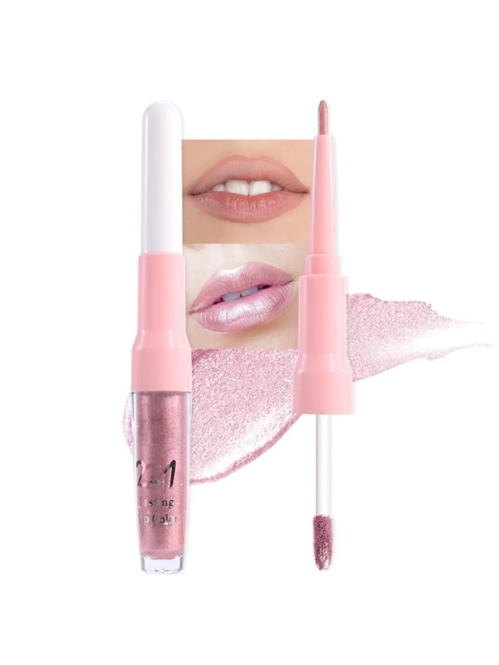 Women's 02# Light Pink-Metallic 2-in-1 Long Lasting Lipstick And Lip Liner